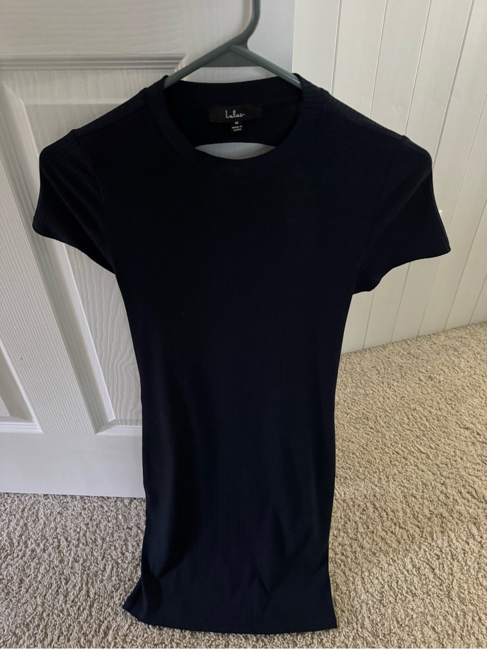 Lulu's Black Ribbed Short-Sleeve Open Back Dress Navy Blue with Tie